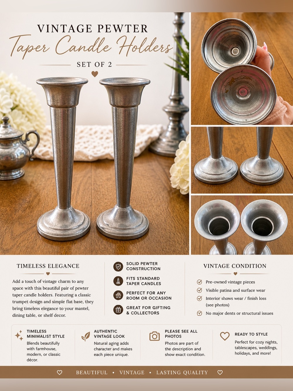Vintage Pewter Taper Candle Holders - Set of 2